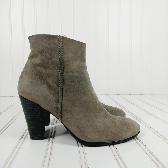 Ecco Taupe Tan Leather Slip On Block Heel Side Zip Ankle Boots E963 - Picture 5 of 12
